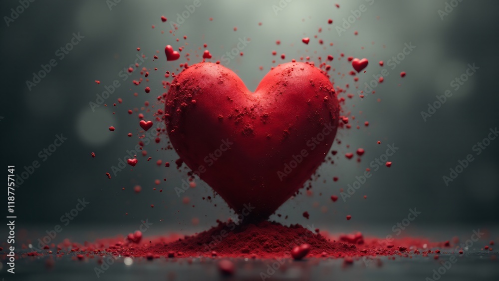 Obraz premium A fading crimson heart dissolving into ash and dust, surrounded by a soft smoky haze over a muted gray-to-black gradient. Evokes loss and the impermanence of love.