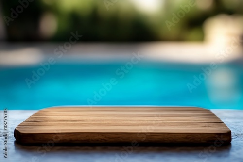 Poolside wooden board, summer background, food display photo