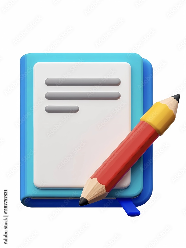 3D icon with blank white background,book and pencil Minimalist cartoon design. 3D render object 3D icon with blank white background,book and pencil Minimalist cartoon design. 3D render object