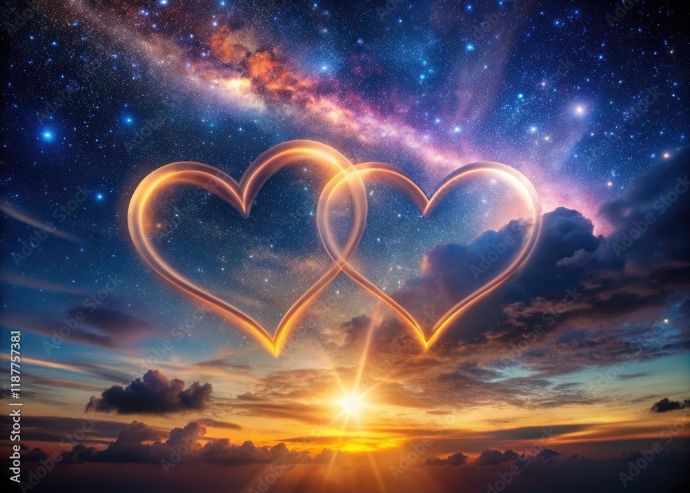 Fototapeta premium Hearts ablaze, celestial canvas, night's romantic embrace.