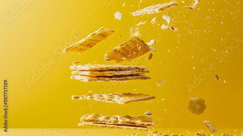 a wafer cookie breaking apart against a solid yellow background