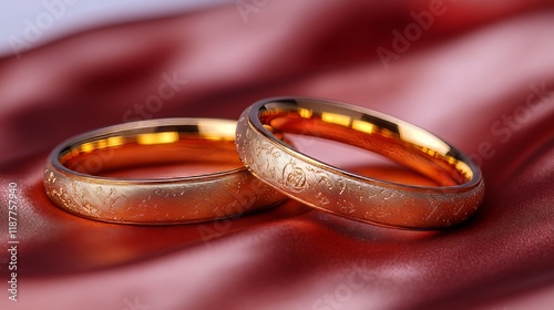 Elegant gold wedding rings on luxurious red satin background photo