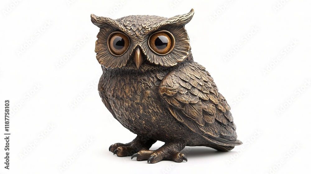 Fototapeta premium Bronze Owl Sculpture: A captivating bronze sculpture of an owl, meticulously crafted with lifelike detail, capturing the bird's piercing gaze and intricate plumage.