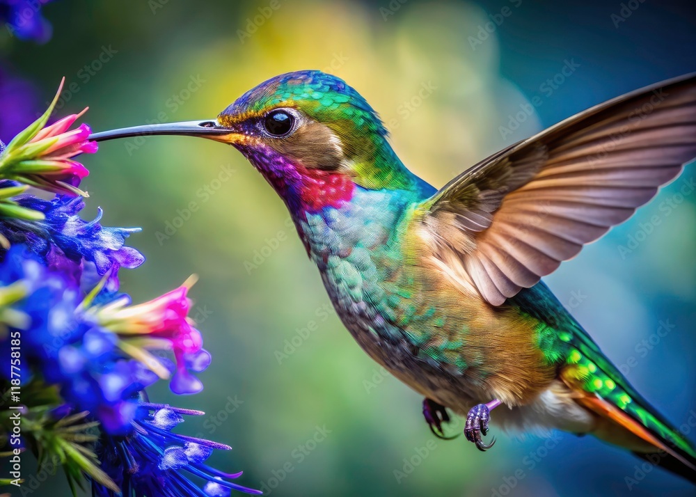 Fototapeta premium Macro lens captures hummingbird's intense focus amidst jewel-toned flower, nature's vibrant detail.