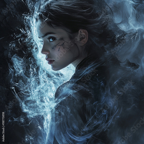 Mystical Woman Surrounded by Ethereal Smoke and Ice-Like Effects in a Dark Fantasy Setting photo