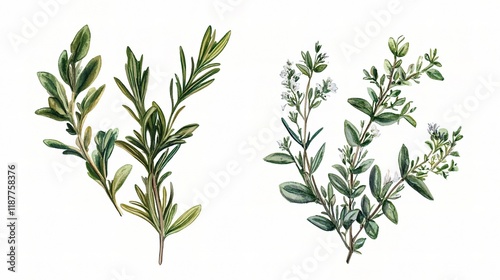 Rosemary and Winter savory Sprigs: An illustration featuring two types of culinary herbs, rosemary and winter savory, with their distinct leaves and flowers.