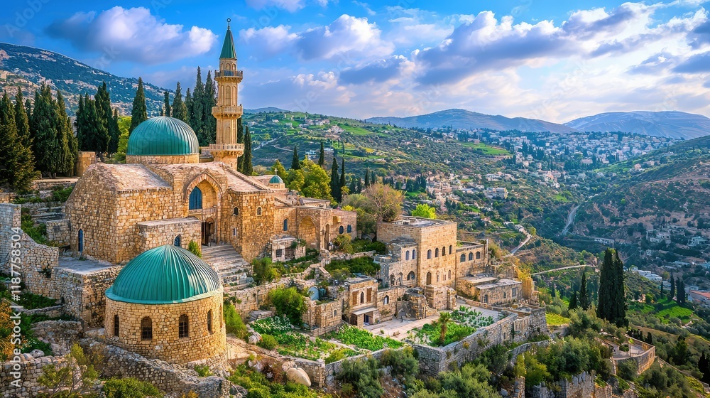 Naklejka premium Scenic Hilltop View of Historic Stone Building with Green Dome