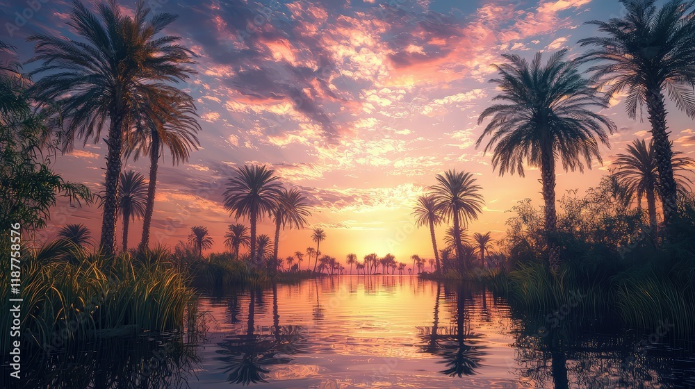 Serene Sunset Over Oasis with Palm Trees and Tranquil Waters Serene Sunset Over Oasis with Palm Trees and Tranquil Waters