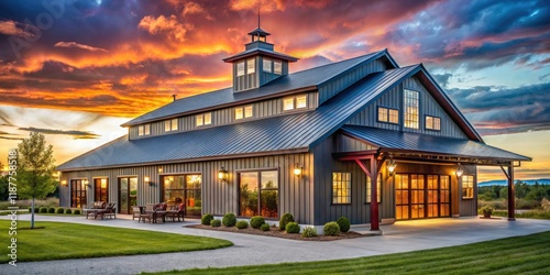 Modern country barndominium; attached shop enhances rural architectural appeal.