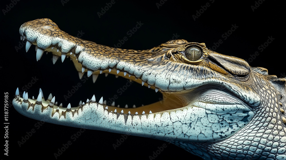 Obraz premium Crocodile opening mouth showing teeth on black background