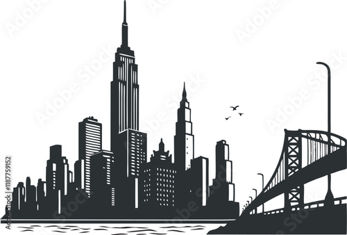 Silhouette Cityscape with Bridge and Urban Skyline