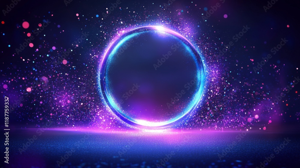 Fototapeta premium 53.A circular fantasy portal emanating intense blue and purple light, surrounded by shimmering particles and soft glowing mist, creating a dynamic and magical scene.