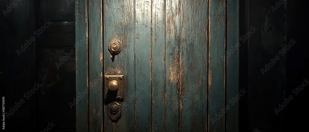 Fototapeta premium Old blue door, dark room, mystery, suspense, thriller film