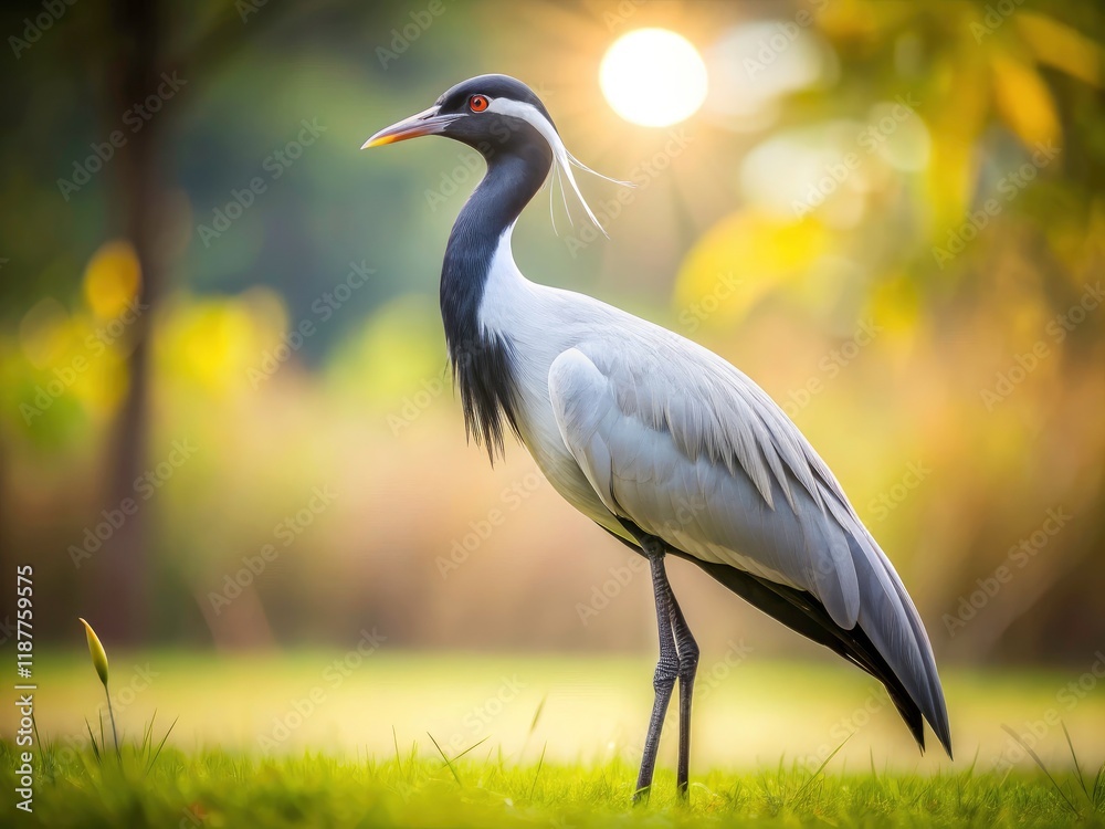Naklejka premium Rule of thirds composition highlights a graceful pale grey and white demoiselle crane.