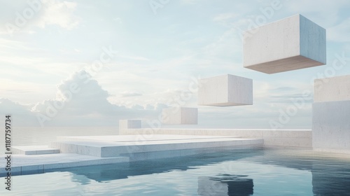 11.A conceptual 3D render showcasing floating cubic structures and a sleek concrete platform, with soft diffused lighting and ambient shadows.
