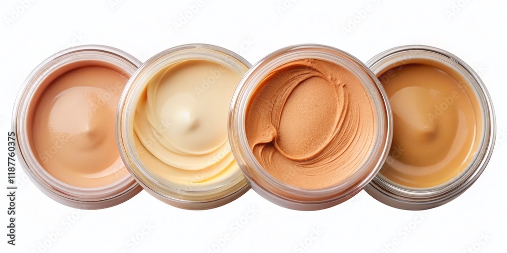 Four Shades of Foundation in Circular Containers, Isolated on White Background - Makeup Product Photography Four Shades of Foundation in Circular Containers, Isolated on White Background - Makeup Product Photography