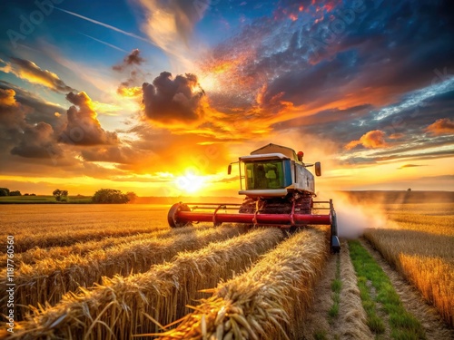 Sun-drenched wheat, panoramic view.  Combine harvester's journey, long exposure artistry.