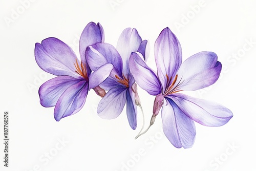 Fototapeta Naklejka Na Ścianę i Meble -  Watercolor painting of three purple crocus flowers on white background.