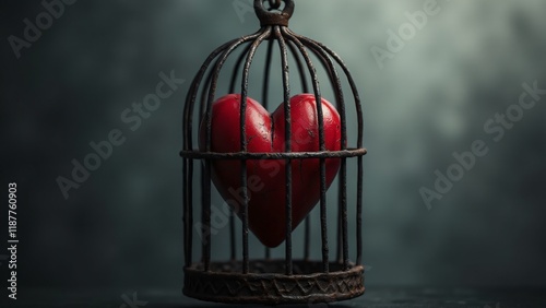 A caged red heart with ornate iron bars and subtle cracks over a soft gray gradient. The design conveys emotional vulnerability and the pain of guarded love. photo