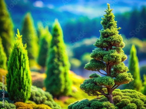 Tilt-shift transforms Italian and Leylandii cypress trees into a charming miniature landscape, showcasing the Cypressaceae family. photo