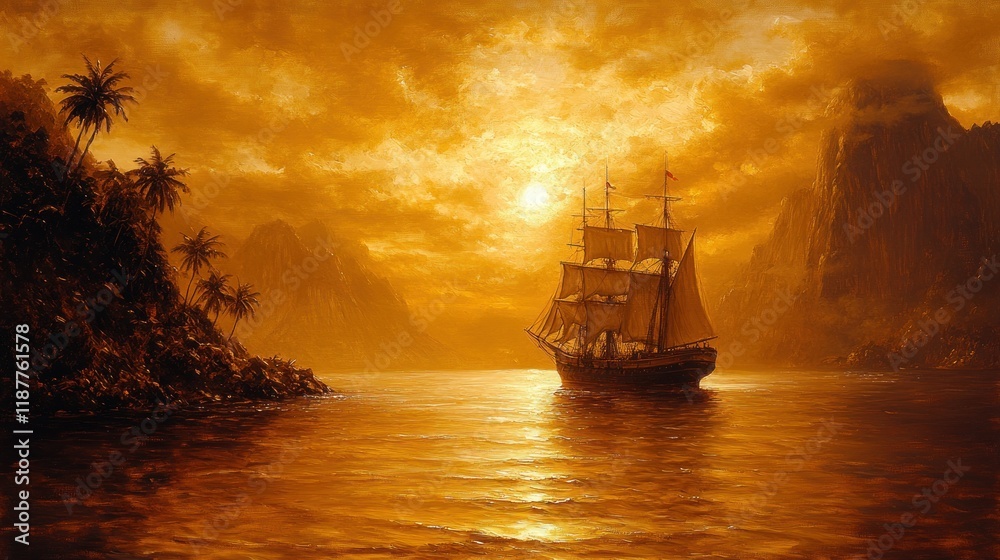 Obraz premium Sunset sail ship tropical bay.