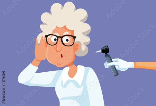 Elderly Woman at ENT Checkup Vector Cartoon. Senior patient experiencing hearing problems going to audiologist 

