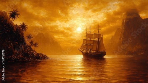 Wallpaper Mural Sunset sail ship tropical bay. Torontodigital.ca