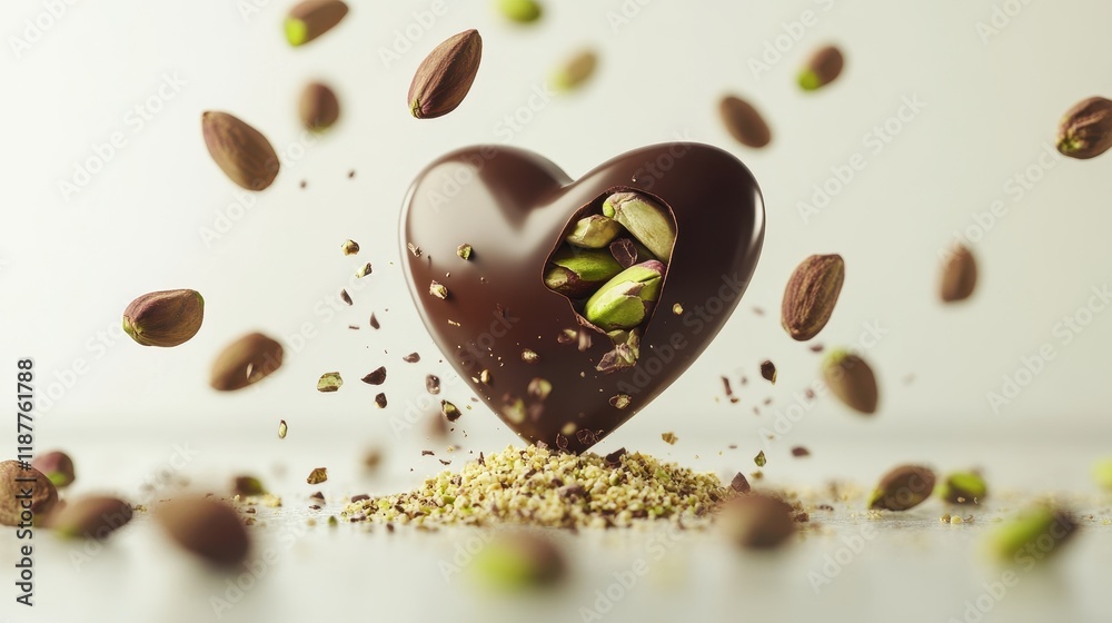 Fototapeta premium Love Dubai Chocolate Kunafa Pistachio for valentine on white background,Dubai Chocolate bar with green kadayif and pistachio spread,popular and viral chocolate 2025,space for text.