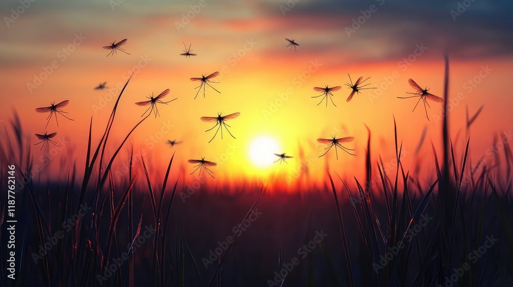 Obraz premium Silhouetted Mosquitoes Against a Vibrant Sunset in a Field