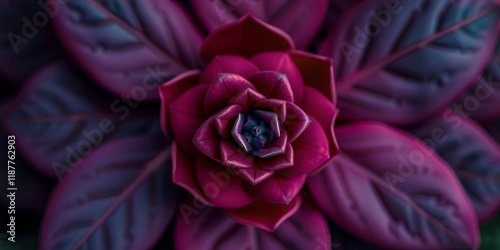 A close up of a red flower with a shiny, metallic appearance. The flower is surrounded by green leaves, giving it a vibrant and eye-catching appearance