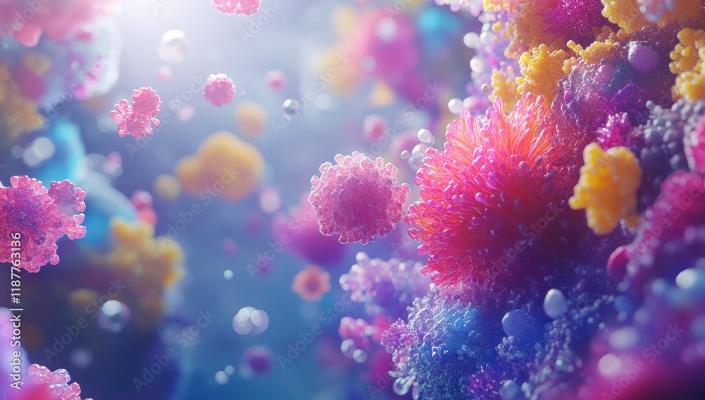 Vibrant colorful abstract particles and spheres floating in a dreamy, surreal landscape. Vibrant colorful abstract particles and spheres floating in a dreamy, surreal landscape.