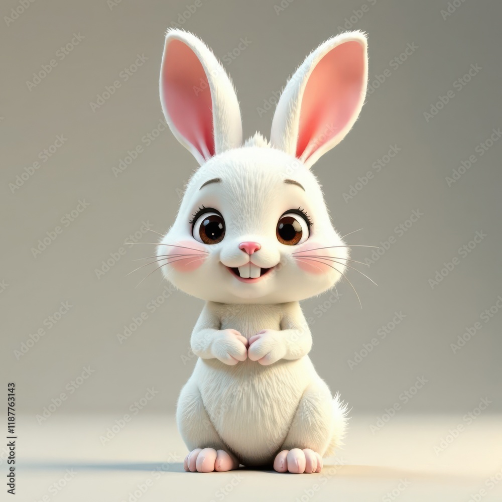 Fototapeta premium A playful white rabbit sits upright with a cheerful expression. Its large eyes and fluffy ears create an adorable appearance. It is set against a simple, neutral background, enhancing its charm.