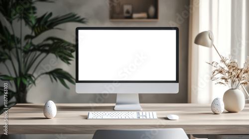 A mockup of a trendy computer monitor on a wooden table in a room with a potted plant, Easter eggs and a vase of dried flowers. Happy Easter photo