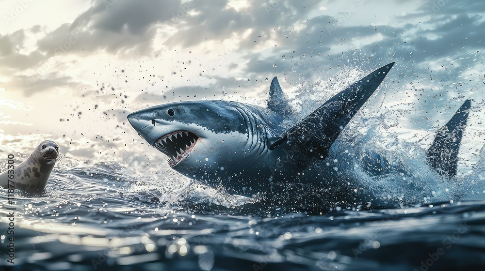 Fototapeta premium Great White Shark Attacking Seal in Ocean Waters During Sunset