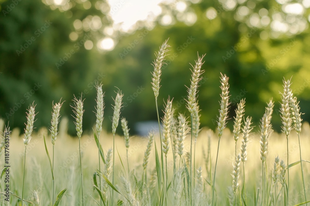 Serenity in nature: sunlit meadow with tall grasses in a lush green forest setting Serenity in nature: sunlit meadow with tall grasses in a lush green forest setting