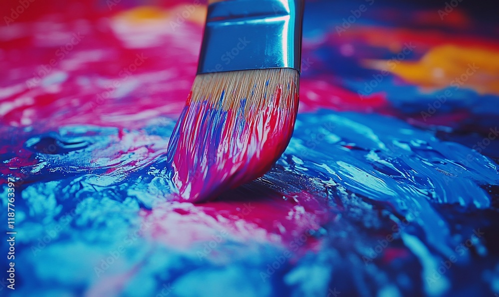Fototapeta premium Paintbrush mixing vibrant colors on palette