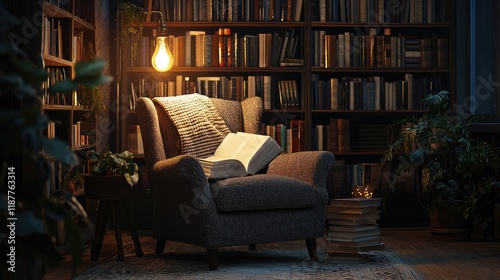 Cozy Reading Nook with Armchair and Open Book in a Dim Library