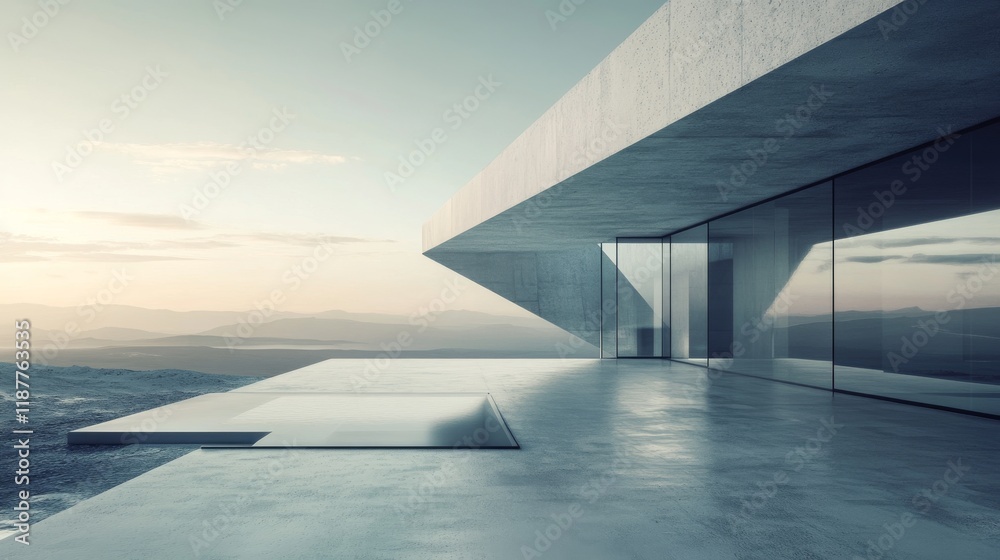 8.A stark, angular architectural design with large glass panels and exposed concrete flooring, set in a vast, empty horizon for a futuristic aesthetic. 8.A stark, angular architectural design with large glass panels and exposed concrete flooring, set in a vast, empty horizon for a futuristic aesthetic.