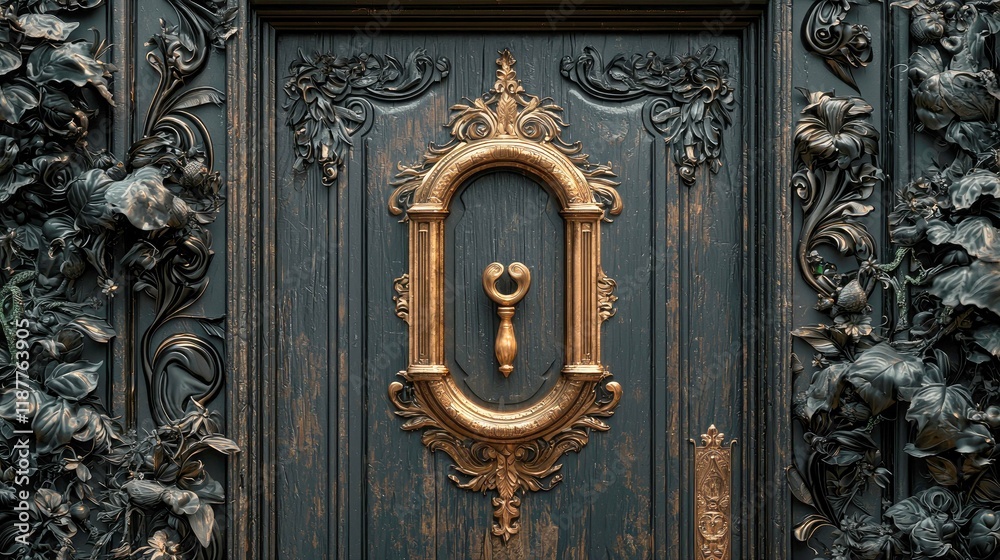 Ornate Carved Wooden Door with Intricate Gold Details: A Masterpiece of Architectural Design Ornate Carved Wooden Door with Intricate Gold Details: A Masterpiece of Architectural Design