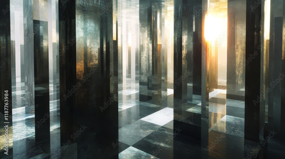 42.A surreal arrangement of reflective vertical structures, their surfaces gleaming with the soft glow of sunlight, creating a tranquil and futuristic atmosphere. 42.A surreal arrangement of reflective vertical structures, their surfaces gleaming with the soft glow of sunlight, creating a tranquil and futuristic atmosphere.