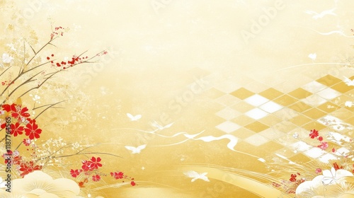 Elegant Gold Floral Design: Red Blossoms and Birds in a Serene Japanese Style