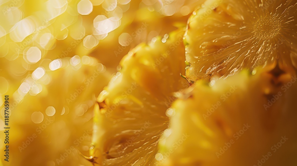 Close-up of fresh pineapple slices with a bokeh effect Close-up of fresh pineapple slices with a bokeh effect