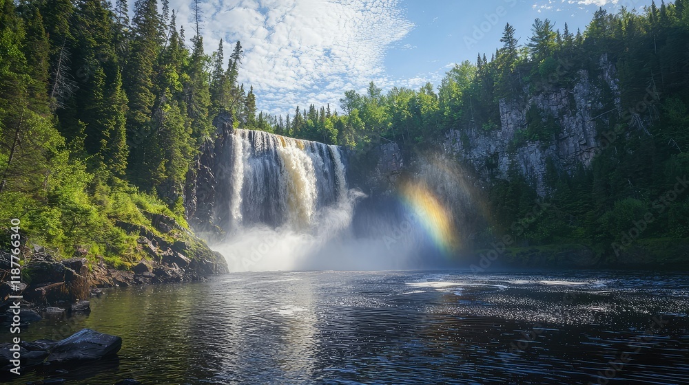 Fototapeta premium Majestic Waterfall with Rainbow and Lush Green Forest in Background