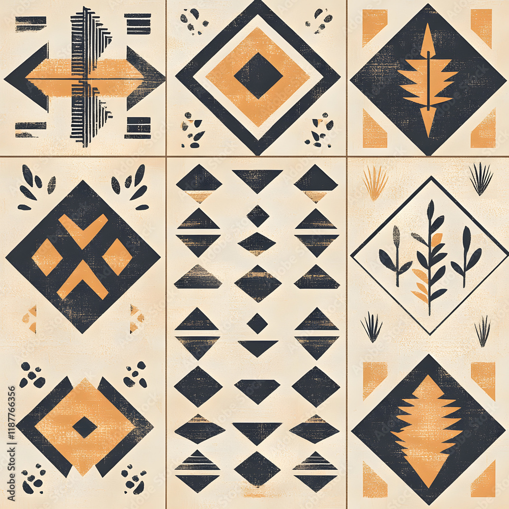 Fototapeta premium Collection of Tile Patterns Featuring Intricate Geometric and Floral Motifs, Hand-Drawn Doodles, and Traditional Ethnic Designs in Muted and Vibrant Color Palettes