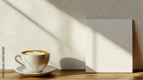 Wallpaper Mural Latte art coffee cup and blank canvas mockup on wooden table. Torontodigital.ca