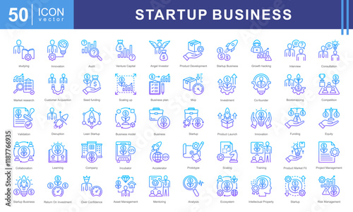 Startup Business icon collection set. Containing project, entrepreneur, company, business, management, development, collaboration icon.