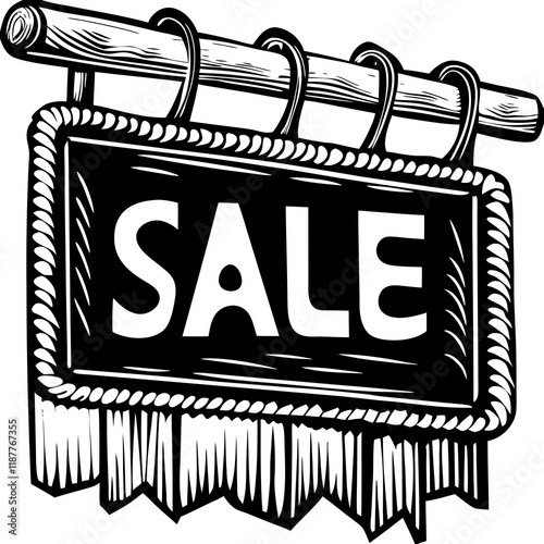 Wooden sale sign hanging on rope with clear letters in black   