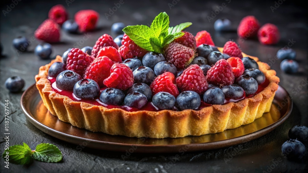 Night Photography: Close-Up Raspberry Blueberry Tart - Delicious Dessert Image Night Photography: Close-Up Raspberry Blueberry Tart - Delicious Dessert Image