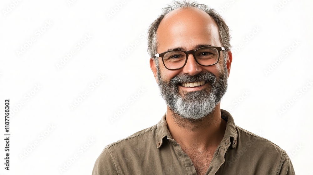 Smiling Mature Man Portrait: A friendly, middle-aged man with glasses and a salt-and-pepper beard smiles warmly at the camera. His kind eyes and genuine smile convey approachability and confidence. Smiling Mature Man Portrait: A friendly, middle-aged man with glasses and a salt-and-pepper beard smiles warmly at the camera. His kind eyes and genuine smile convey approachability and confidence.