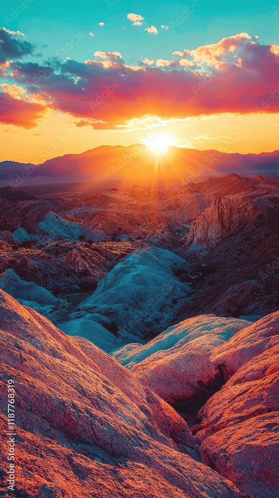 Obraz premium Vibrant Sunset Over Rugged Mountains in Colorful Landscape Scene